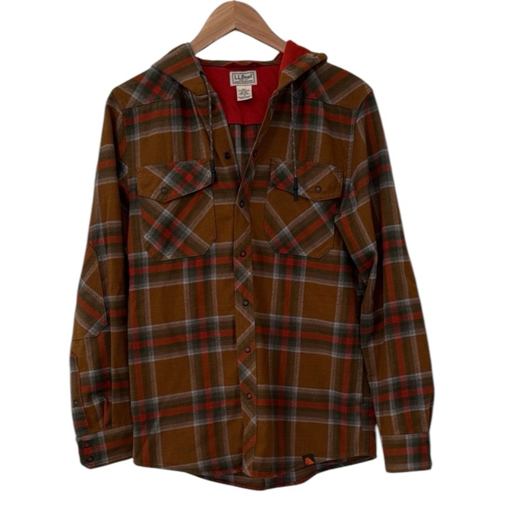 L.L. Bean Brown Plaid Hooded Button-Down Shirt
